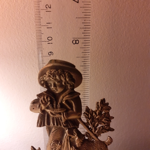 15 - Detailed brass desk decor, paperweight, knick knack. Little boy and dog. Lovely detail.