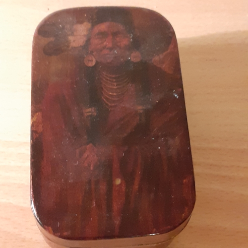 65 - Vintage possibly antique snuffbox depicting and Indian on the front and a leopard on the back. Looks... 