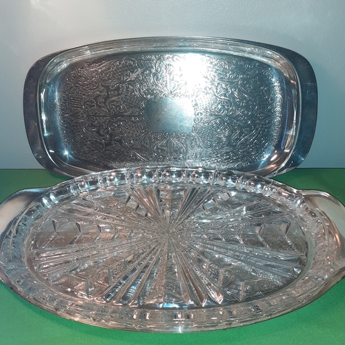 94 - Silver plate on copper oval glass lined dish plus one other silver plate dish.