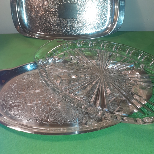 94 - Silver plate on copper oval glass lined dish plus one other silver plate dish.