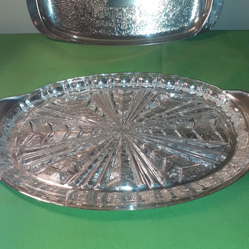 94 - Silver plate on copper oval glass lined dish plus one other silver plate dish.