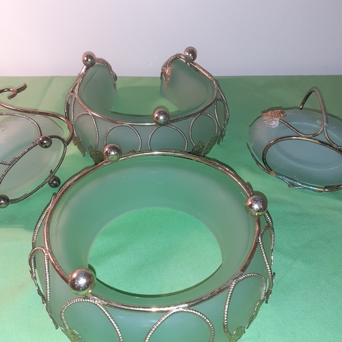 102 - 4 pieces of Bagley? Green frosted glass dishes.