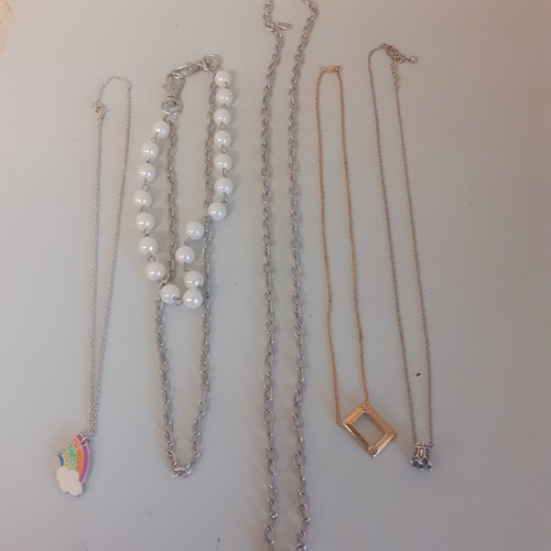 16 - Quantity of 5 silver coloured metal chains and pendants including a pilgrim danish design chain and ... 