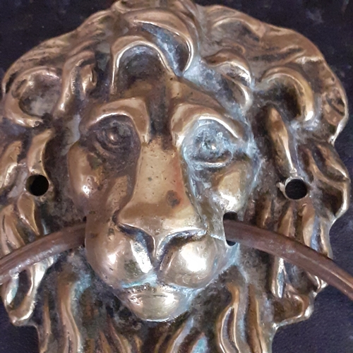 143 - Vintage, possibly antique brass lions head door pull. Nice detail. Large pull ring