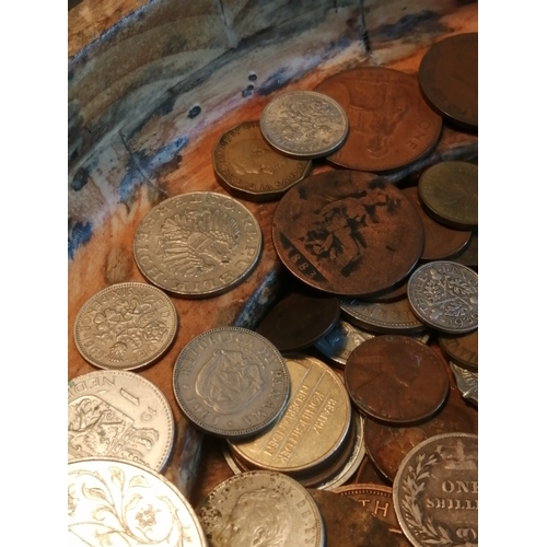 39A - Large wooden bowl (approx 12 inches diameter) filled with coinage (silver noted)