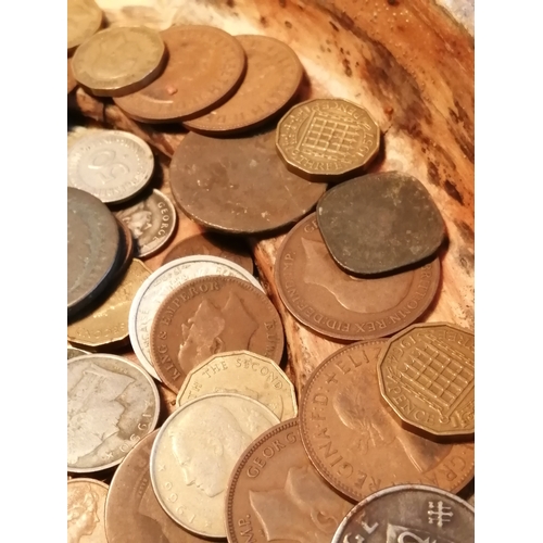 39A - Large wooden bowl (approx 12 inches diameter) filled with coinage (silver noted)