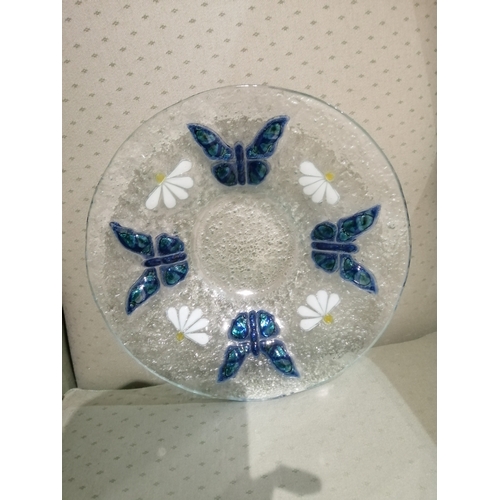 41A - Hand made glass bowl decorated with butterflies and flowers (28cm diameter)