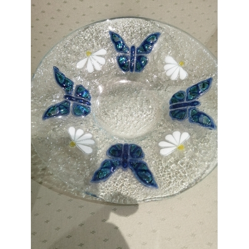 41A - Hand made glass bowl decorated with butterflies and flowers (28cm diameter)