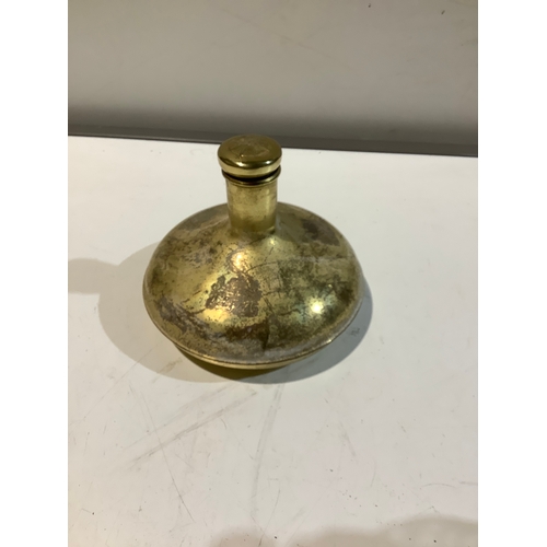 19 - Glass bottle decanter surrounded in brass with brass cork stopper