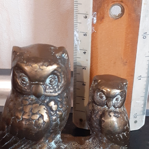 79 - Small brass owl ornament adult and chick. Old, solid brass. Heavy for size, approx 500g