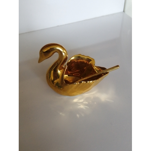 40A - Limoges gold porcelain swan mustard or salt dish with spoon