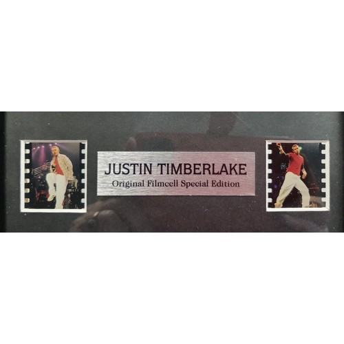 115A - 2 framed prints with film cells. Justin Timberlake, 24cm x 29cm, film cells from his concert, silver... 