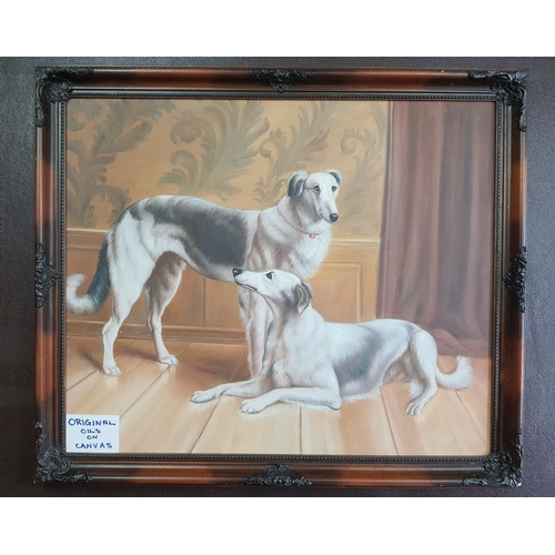 123A - Framed original oils on canvas painting of 2 hounds. Size: 69cm x 59cm