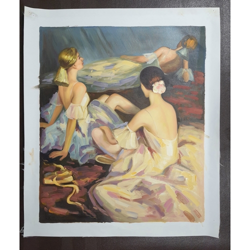 327 - Large oil canvas of Ballerinas at rest. Size: 60cm x 71cm.