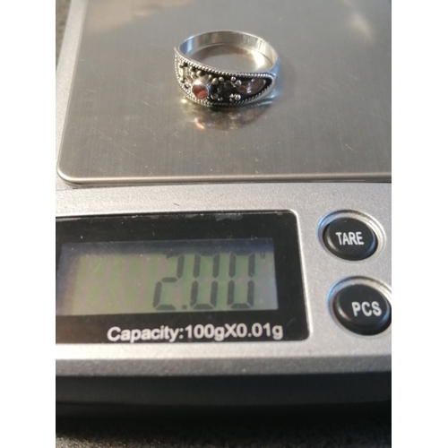 26A - Silver ring Gothic design with single pink gemstone 2.0 grams Size N