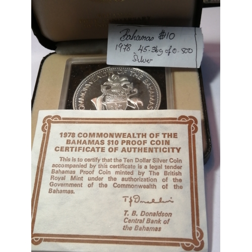 24B - Bahamas 1978 ten dollars silver proof coin in presentation box 45.36 grams of 0.5 silver