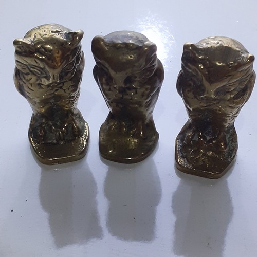 24 - 3 x small brass owls. 6cm. Solid. Heavy for size