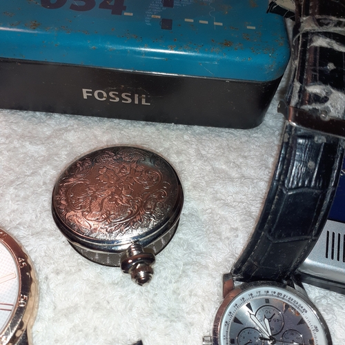 8 - A collection of watches, pocket watch, empty fossil watch tin and vintage travel clock. Sold as spar... 