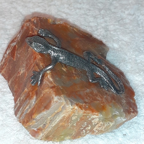 11 - Small metal lizard ornament attached to a piece of marble rock. Nice condition