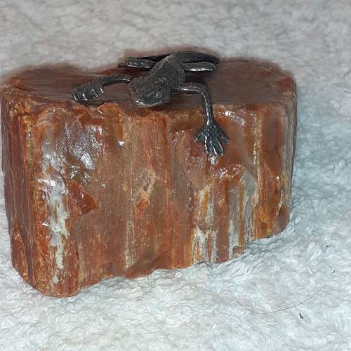 11 - Small metal lizard ornament attached to a piece of marble rock. Nice condition