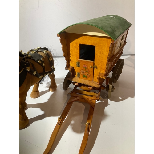 44 - Large model of horse and wooden cart - cart is 30cm long