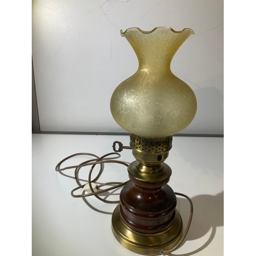 50 - Oil lamp style electric lamp with wooden vase