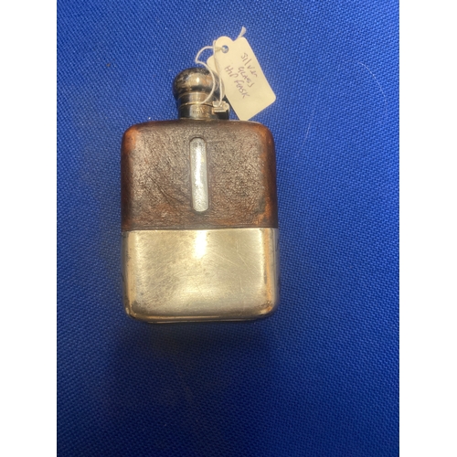 61B - Silver stamped top and silver plated bottom hip flask with twist locking top