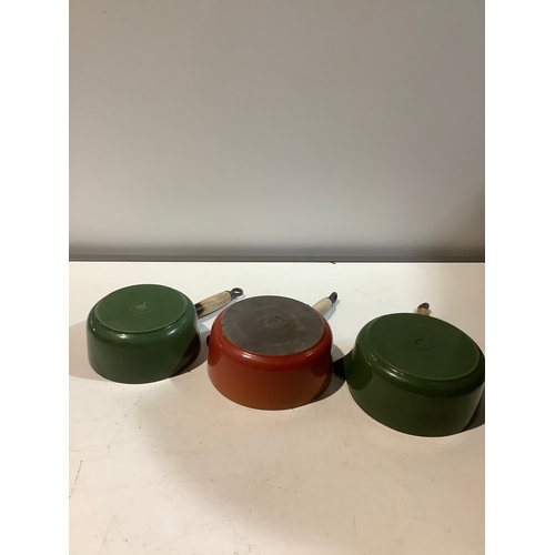 62 - Le Creuset orange & green 18 & 20 cast iron pans