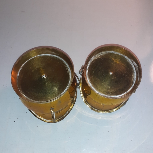 16 - 2 brass planter baskets. Matching design, very slightly different size large one approx 3 inch high ... 