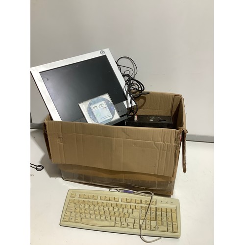 512 - Box of computer related items, including keyboard, monitor, speaker, and more