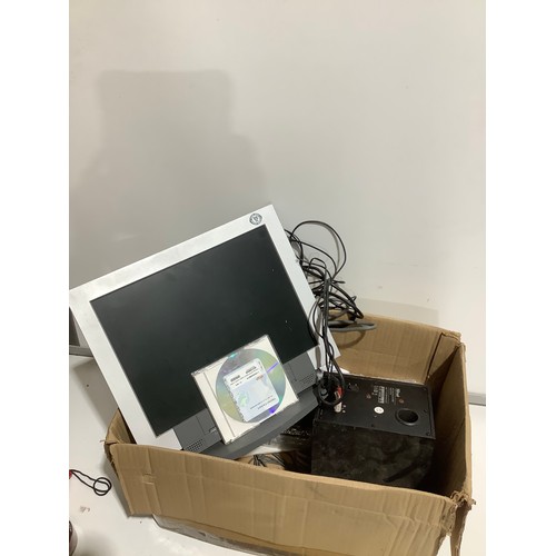 512 - Box of computer related items, including keyboard, monitor, speaker, and more