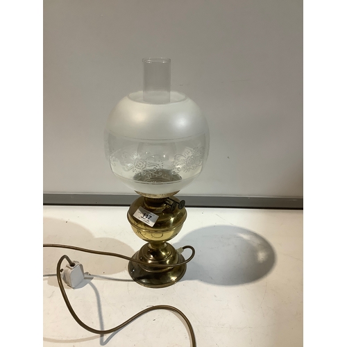 117 - Converted brass oil lamp with glass shade & chimney