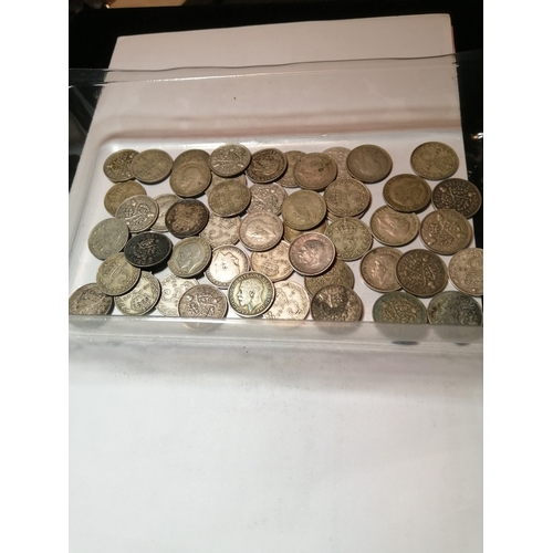 34A - Tub of approximately 50 silver threepenny bits