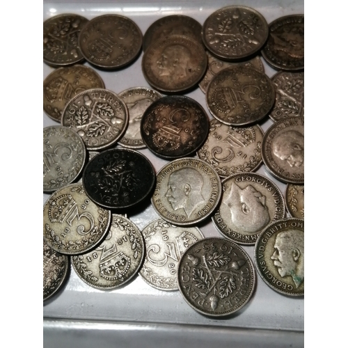 34A - Tub of approximately 50 silver threepenny bits