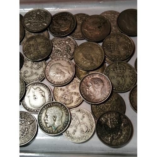 34A - Tub of approximately 50 silver threepenny bits