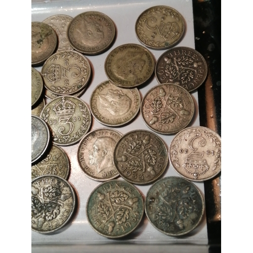 34A - Tub of approximately 50 silver threepenny bits