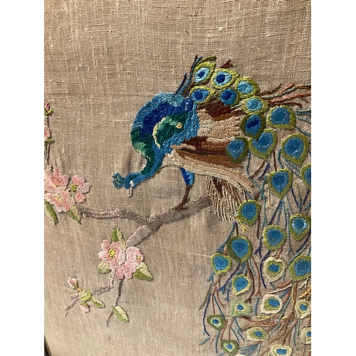 271 - Large 70cm wide x 82cm high antique tapestry peacock Fire screen in oak wooden frame