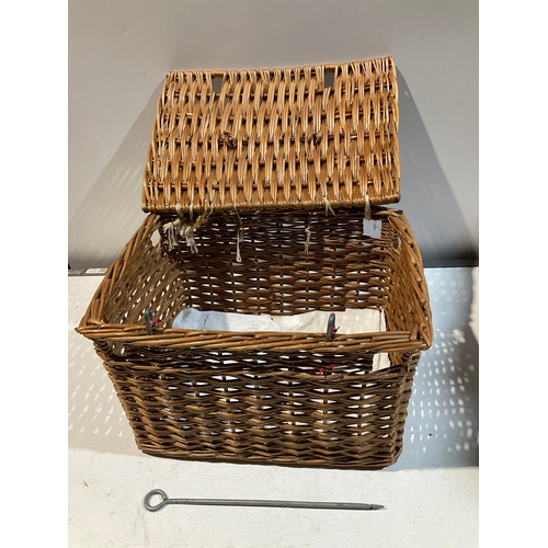 305 - Large wicker picnic style basket 46cm x 34cm height 32cm with metal fastening pole