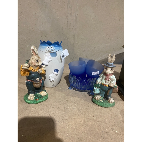 27 - Two rabbit ornaments & blue decorative items