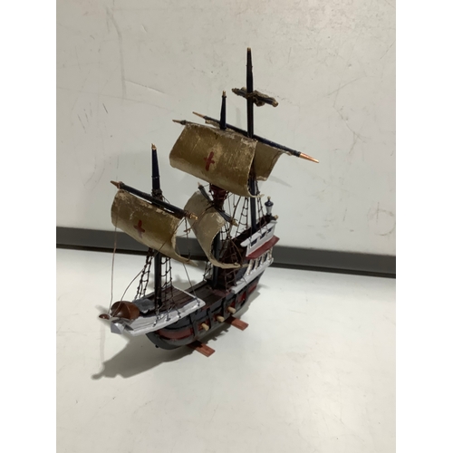 377 - Painted wooden handmade sailing ship with sails