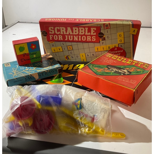 102 - Selection of retro board games including scrabble, sticks, roulette etc