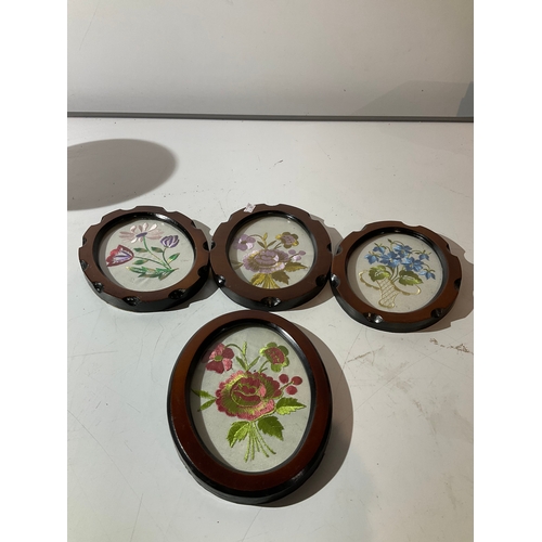 117 - 4 Wood framed floral embroidered, pictures