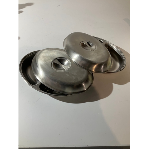 123 - 2 stainless steel 2 section veg dishes with lids