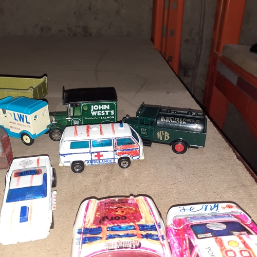 355 - Quantity of Diecast vehicles Corgi and matchbox etc. Some have been drawn on /coloured pen. Will nee... 