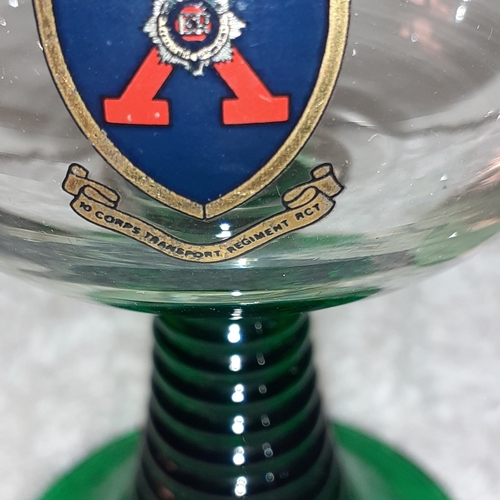 10 - A pair of green stemmed military decorated wine glasses. 10 Corps of transport regt RCT on the front
