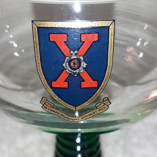 10 - A pair of green stemmed military decorated wine glasses. 10 Corps of transport regt RCT on the front