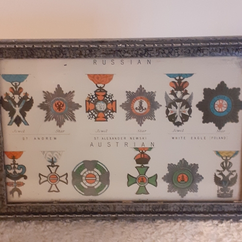 16 - 2 vintage frames containing possibly lithographic prints of medals and orders of merit from countrie... 