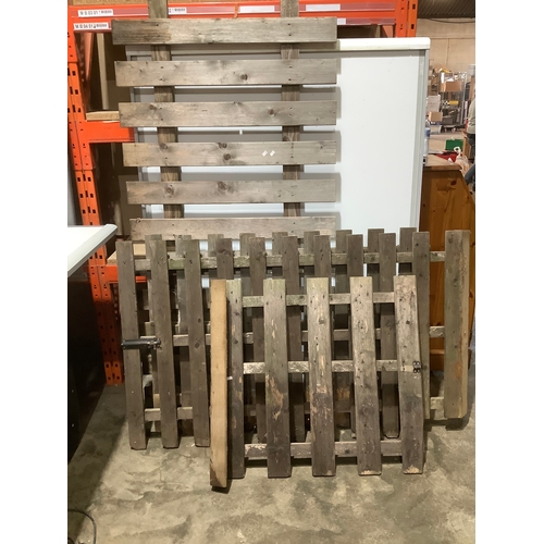 33 - Wooden picket  fence panels - larger section around 6 foot long each, with the gate section too