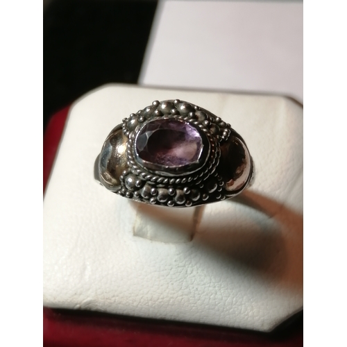 27A - Silver ring Gothic design set with single purple gemstone 3.60 Size P