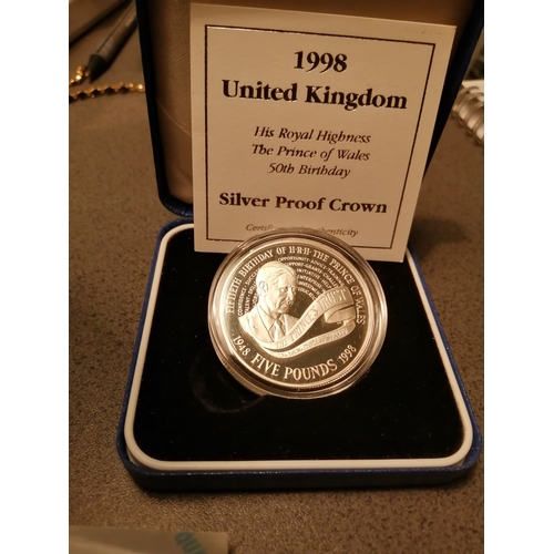 35A - 1998 silver proof 5 pounds coin Prince Charles 50th birthday) in blue presentation box